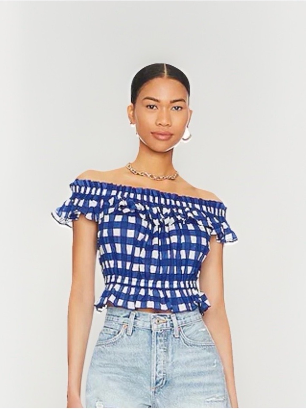 Cleobella Annalise Top in Painterly Gingham Shirt XS Off Shoulder Organic Cotton